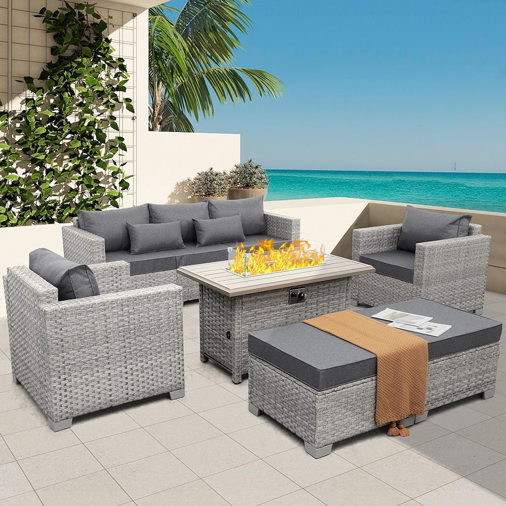 WAROOM patio furniture set 6 piece modular sofa PE rattan reception set with fire pit table