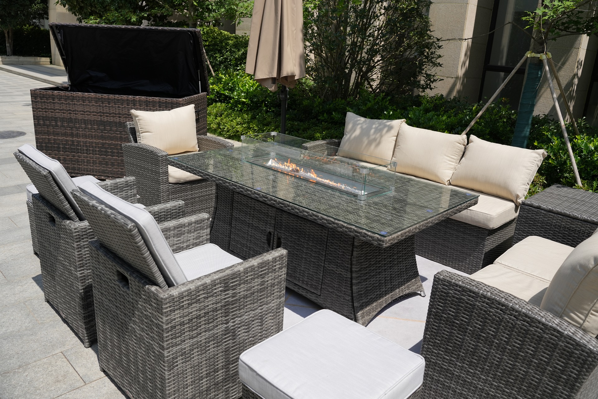 Wicker Patio Gray Wicker Conversational Seating Set with Rectangular Glass Fire Pit Table and Back Chair (Patio Set Option)