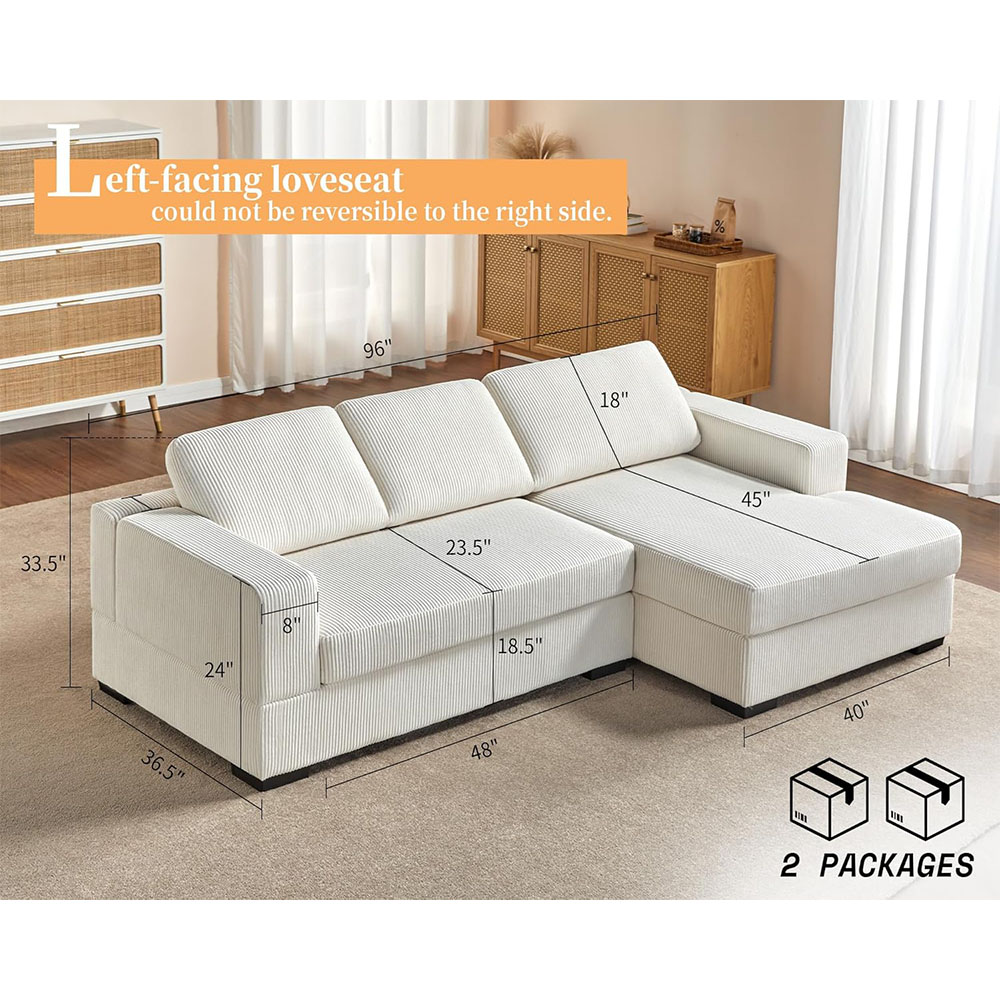 AMERLIFE Oversized Sectional Sofa, Large Double Chaise Couch, Comfy Sofa Couch with Left Chaise, White Corduroy Sofa