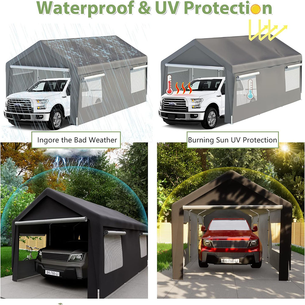 Garage carport with roll-up ventilation window, car shelter with side tarpaulin, suitable for cars, trucks, boats