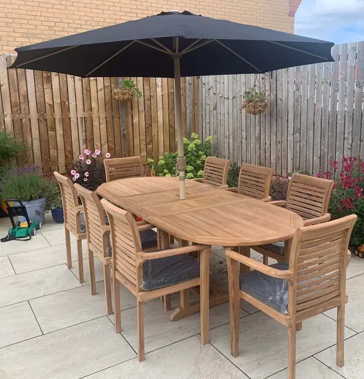 Teak Garden Furniture Set, Garden Table & 8 Chairs, Wooden Garden Furniture Set with Parasol
