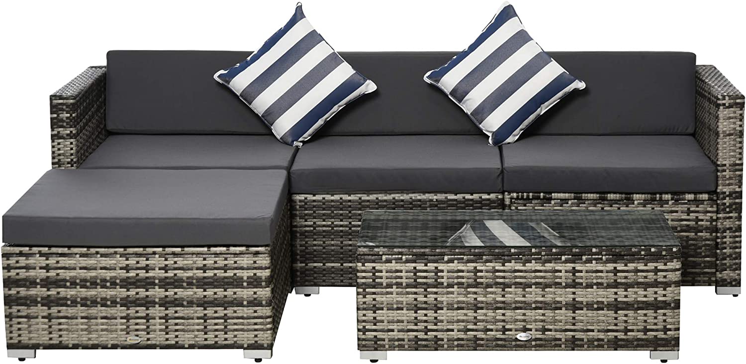 Outsunny 5PC Rattan Furniture Set Garden Outdoor Sectional Sofa Coffee Table Combo Patio Furniture Metal Frame w/Cushion Pillows Grey