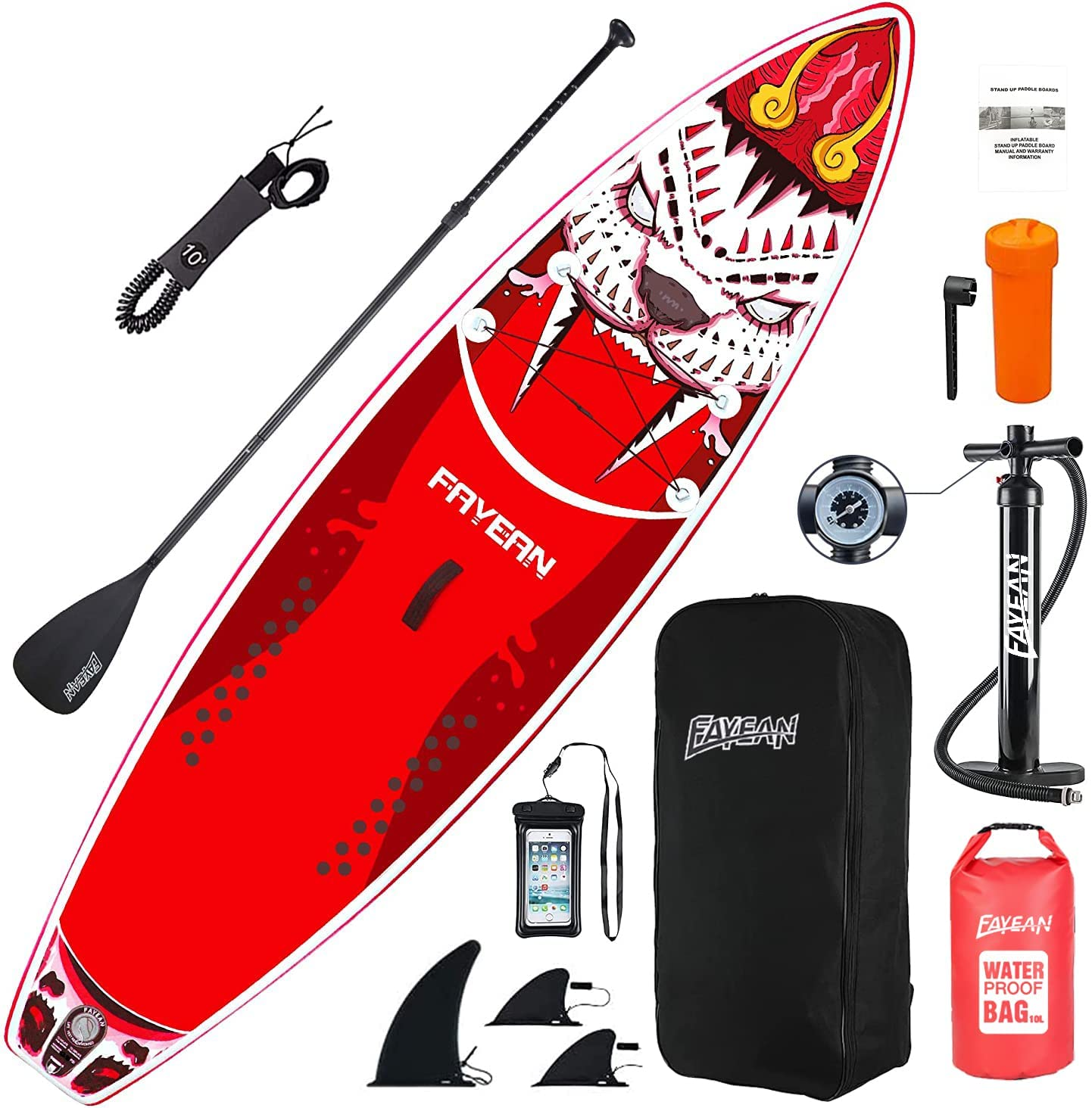 FAYEAN Paddle Board, Inflatable Stand Up Paddle Board SUP Board 10.6' x 33'' x 6'' Lightweight Board Includes Pump, Paddle, Backpack, Coil Strap Waterproof Bag Tiger