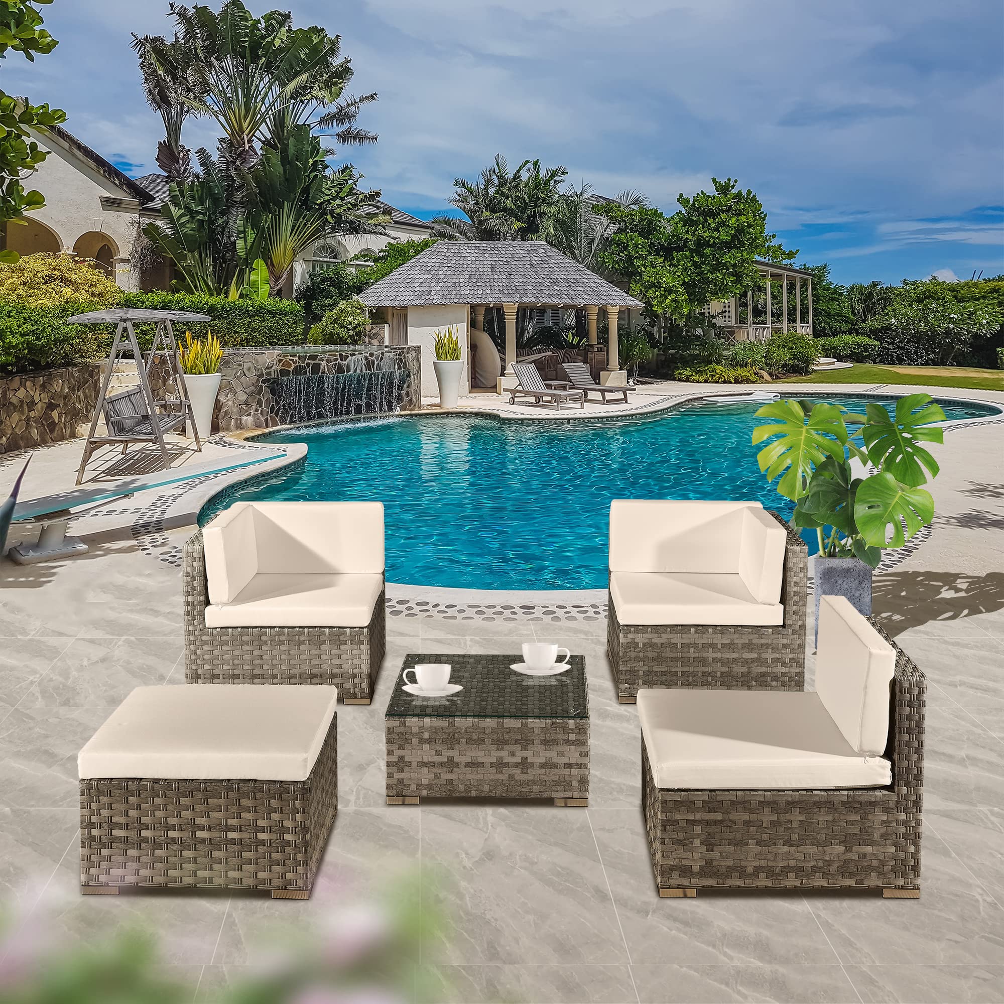 ASOWNSUN Rattan Garden Furniture Sets 4 Seater Patio Sofas with Coffee Table, Cushions, All-weather Outdoor Corner Sofa Patio Conversation Sets,Outdoor Furniture Sets Table Sofa Chair