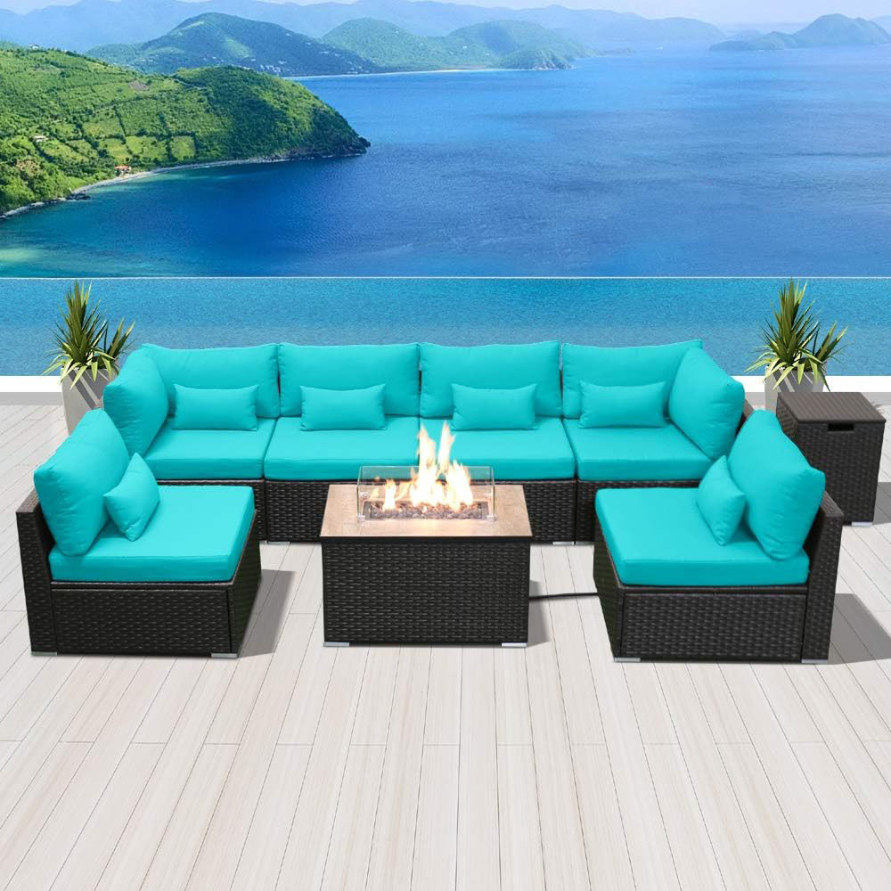 Dineli Sectional Sofa with Gas/Propane Fire Pit Table Outdoor Patio Furniture Sets