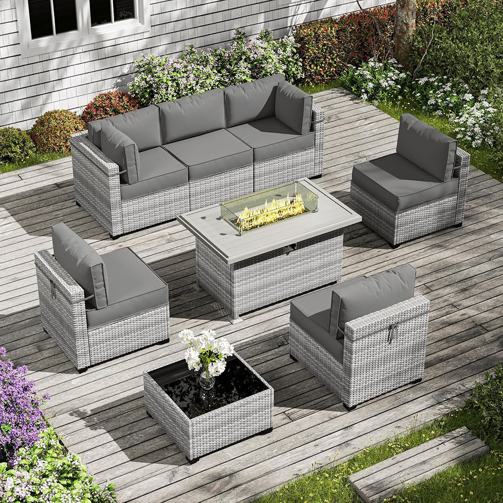 8-Piece Patio Furniture Set With Fire Pit Table, With 5