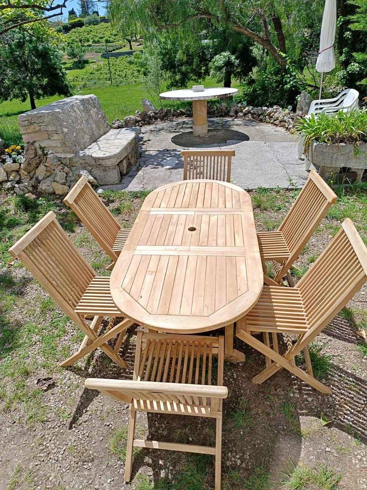 Seating group 7 pieces. Folding dining group garden furniture set made of solid natural wood