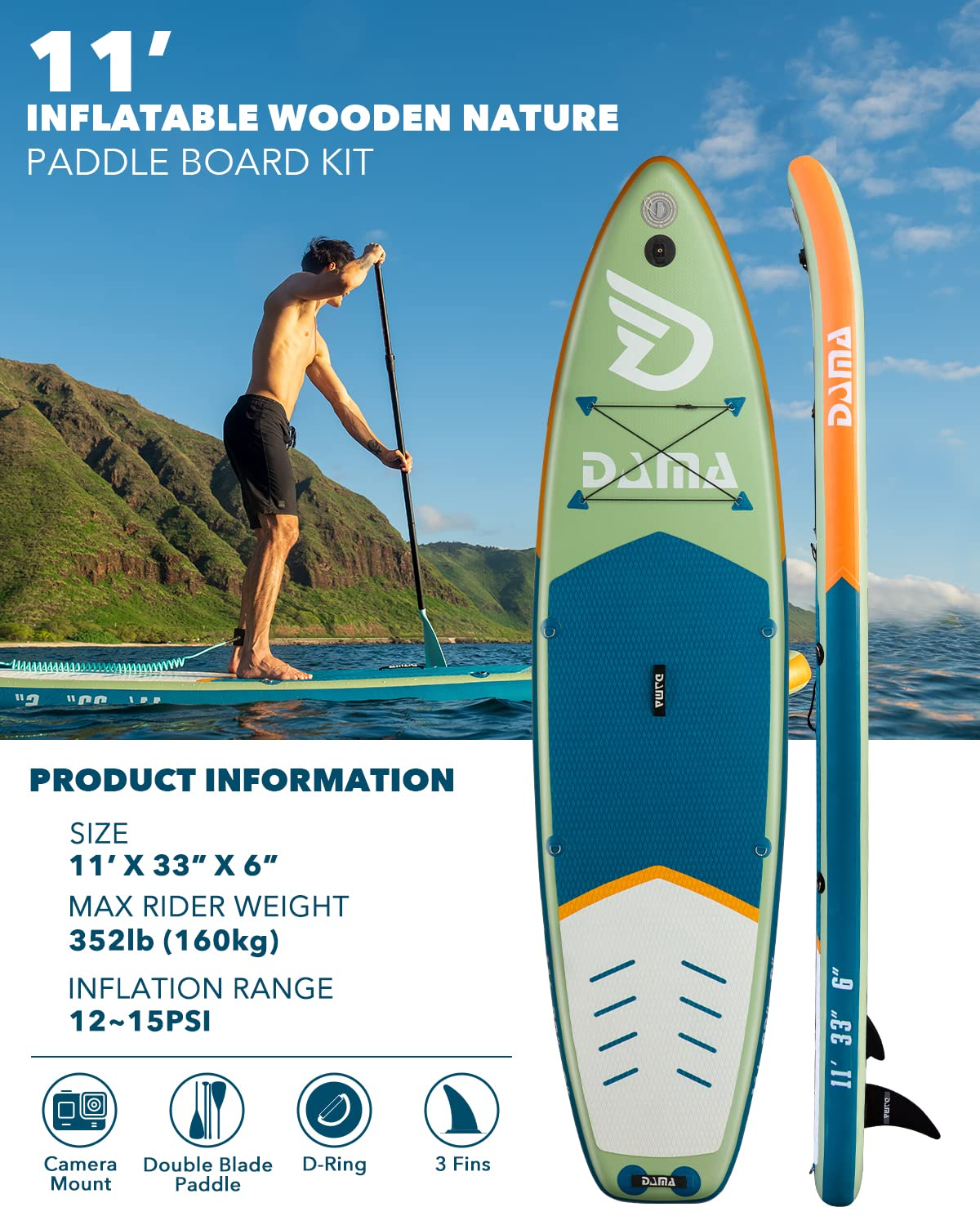 【Sports&Outdoors】【BS】Inflatable Stand Up Paddle Board 11'x33''x6'', Yoga Paddleboard, Fishing Paddle Boards