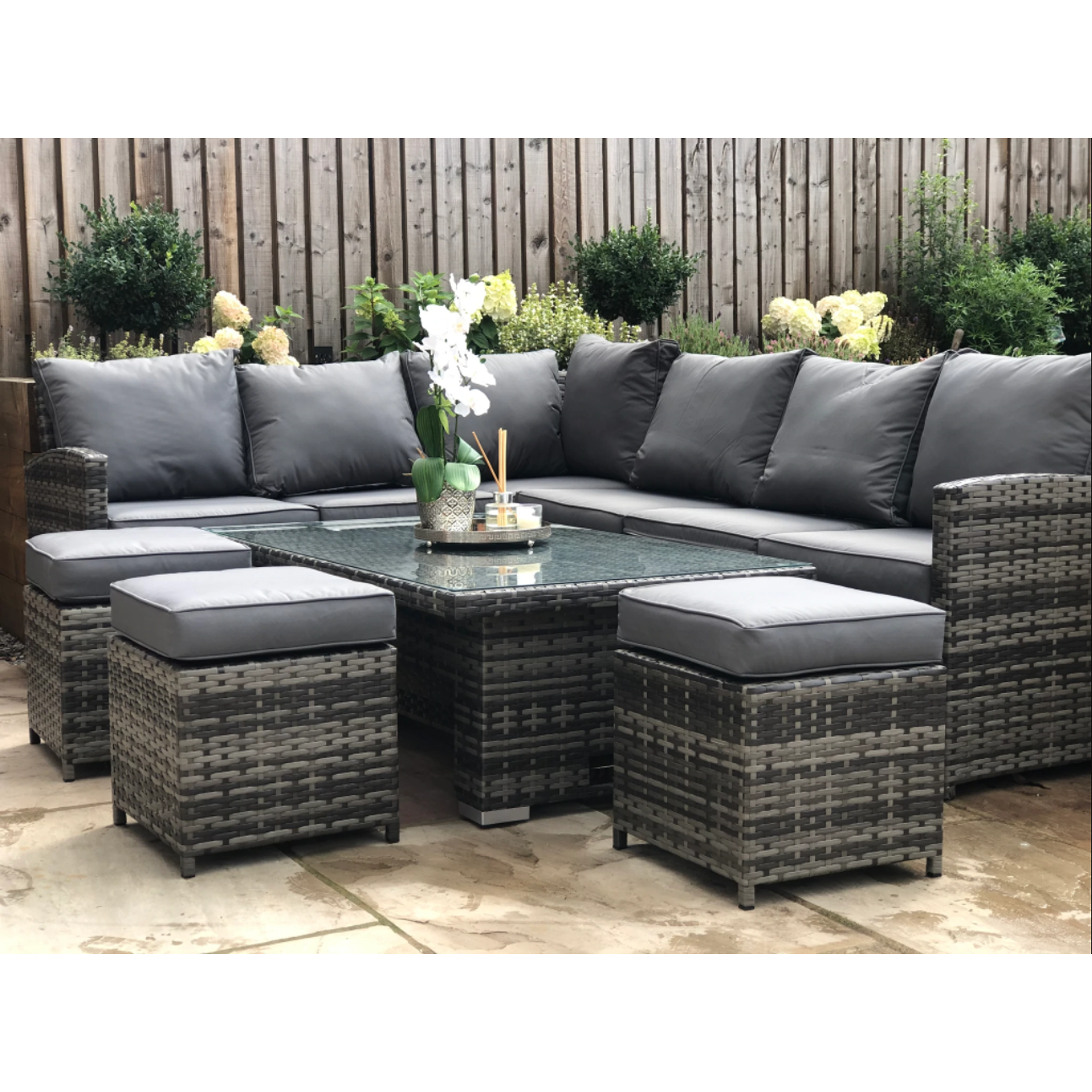 Amalfi ~ Grey Rattan Corner Sofa with Rising table