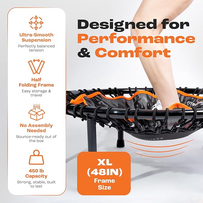Fit Bounce Pro XL Bungee Rebounder is a Foldable Silent Orthopaedic Quality Indoor Mini Trampoline for Adults and Children DVD Extra Wide Jumping Surface Approved for Physiotherapy